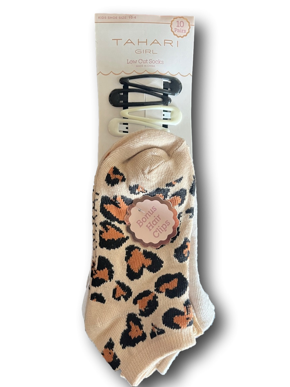 10 pr Tahari Girl Low Cut Leopard Print Socks in Beige, Black & Orange